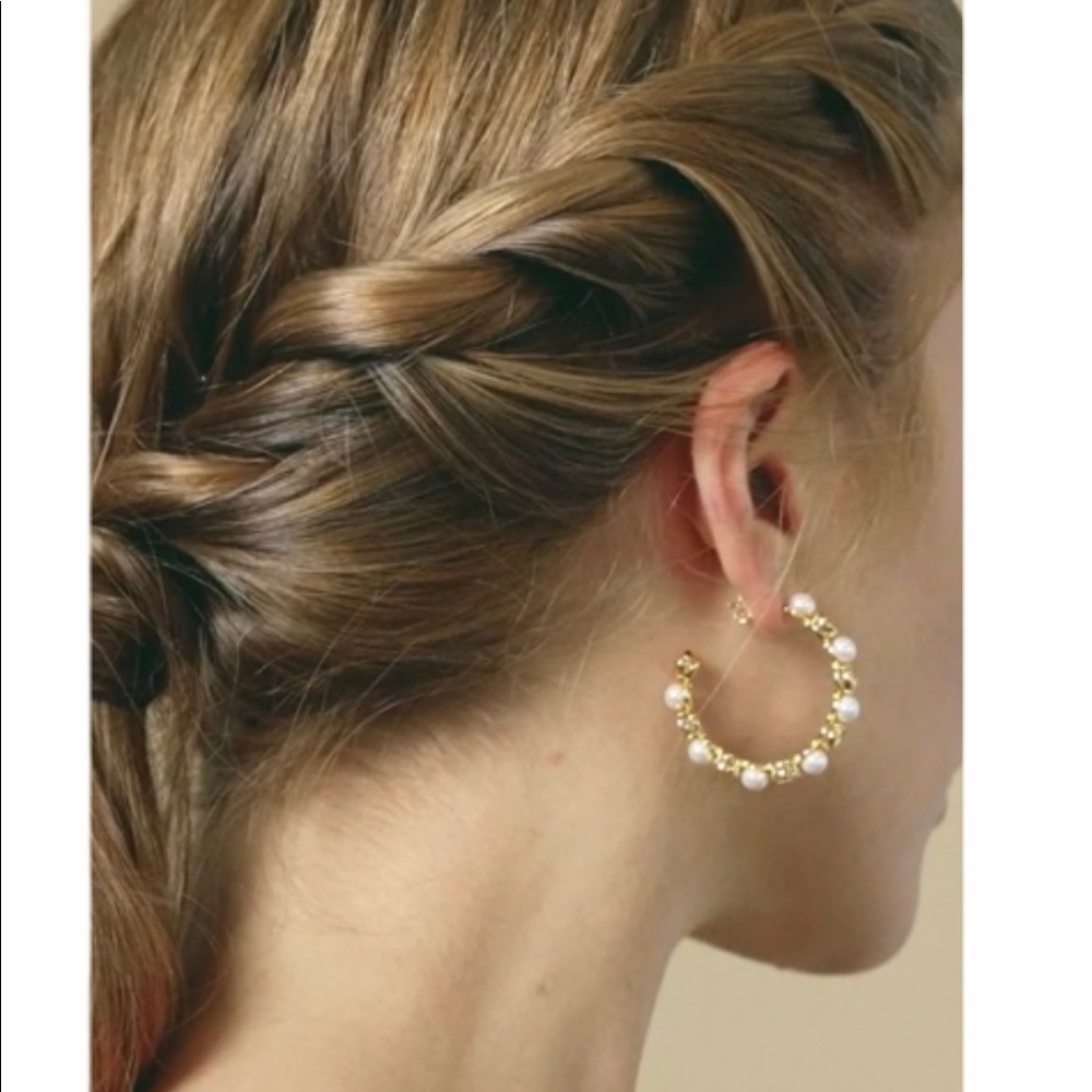Sterling Silver Theodora 14K gold‎ plated cubic zirconia pearl Hoop Earrings - Picture 4 of 11